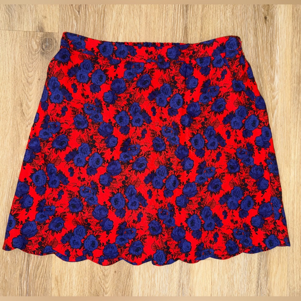 Market & Spruce Red & Blue Floral Linen Blend Skirt – Scalloped Hem, Size Large
